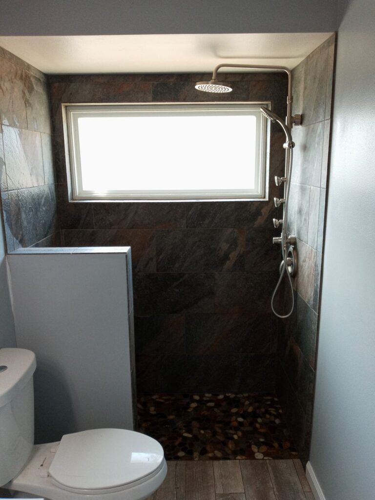 Slate tile shower with rain head