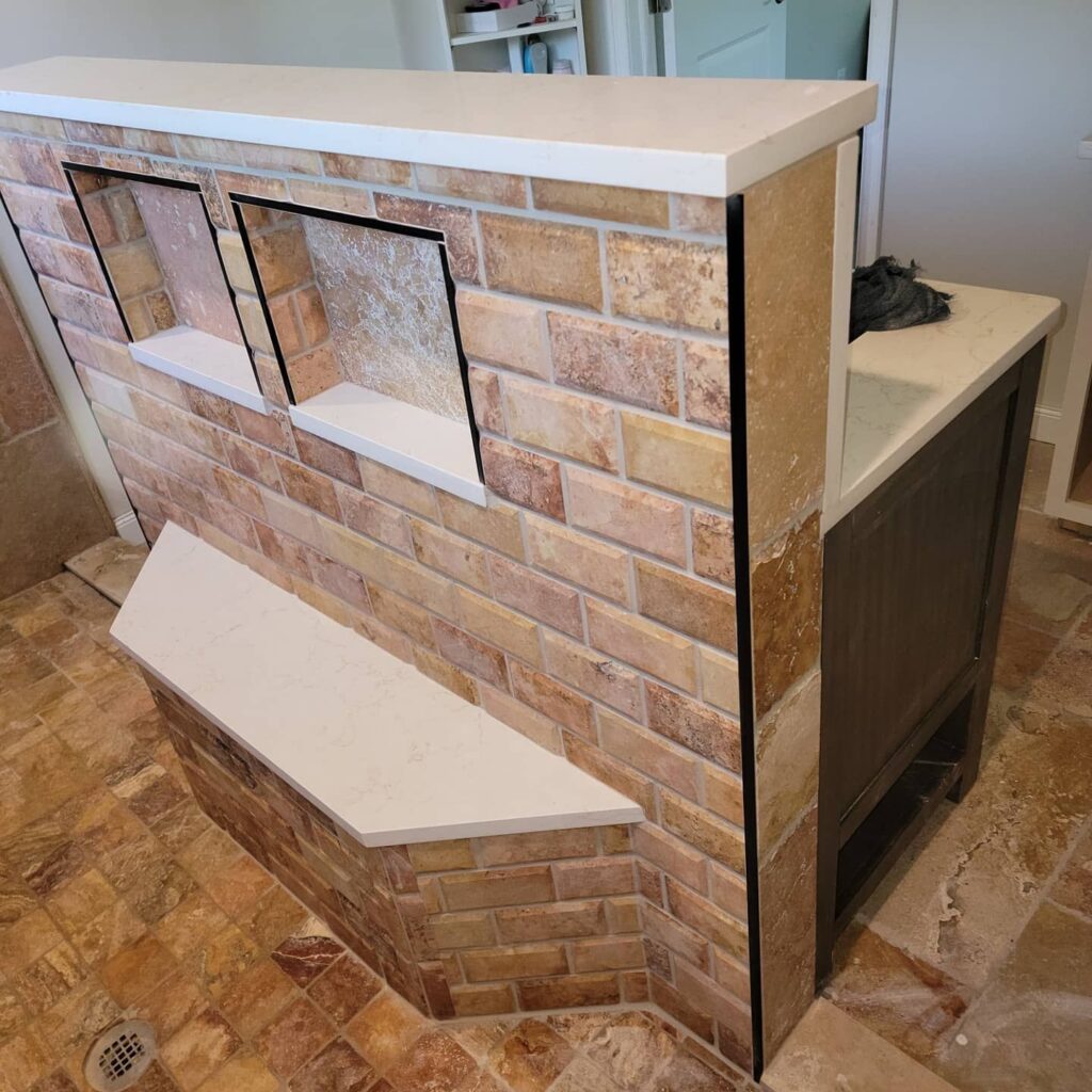 Tiled shower bench with quartz cap