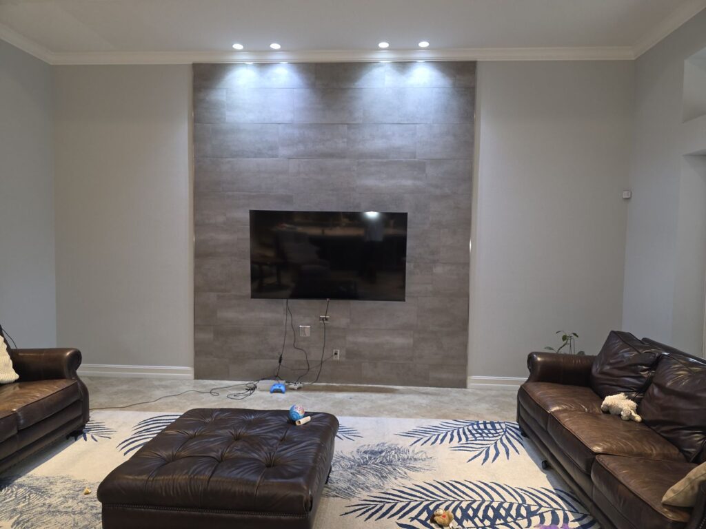TV accent wall with plank tile