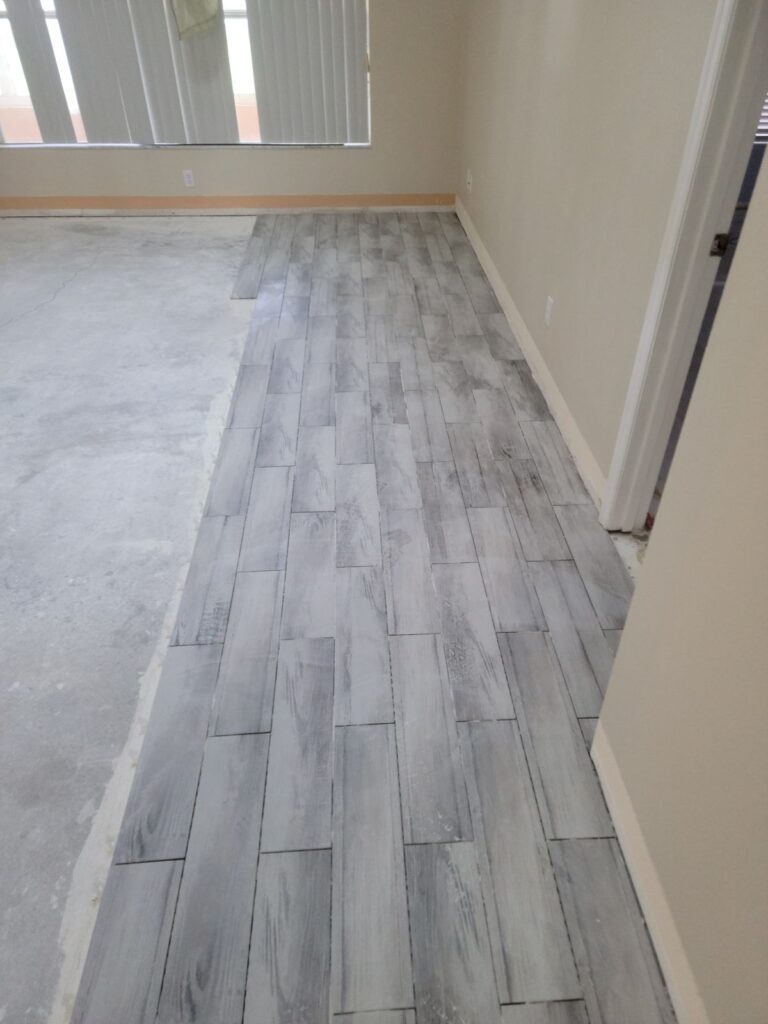 Wood-look tile floor installation