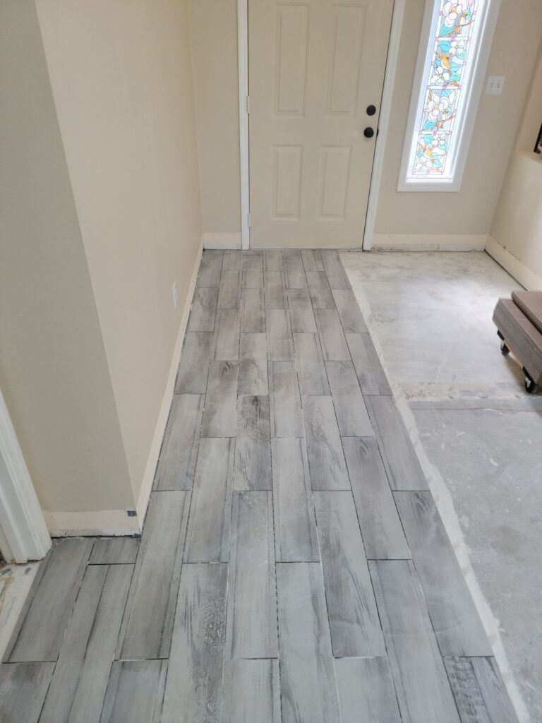Wood-look plank tile in hallway