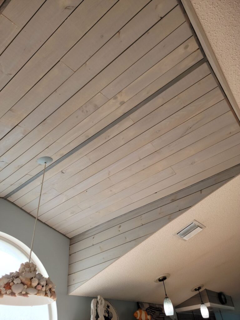 Wood plank ceiling